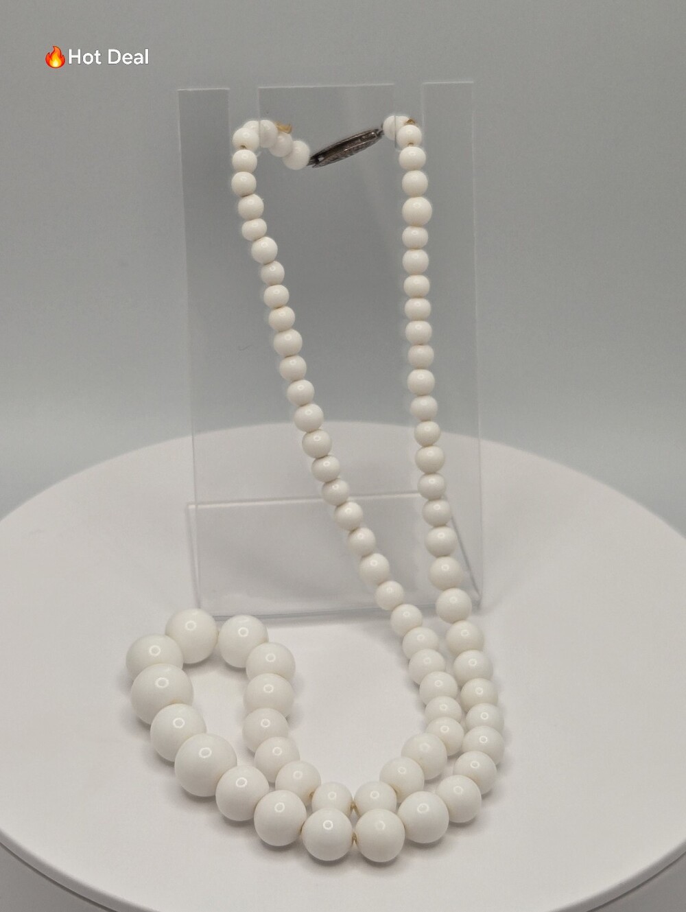 Vintage Graduated Milk Glass Bead Necklace 925 Sterling Clasp 15" White